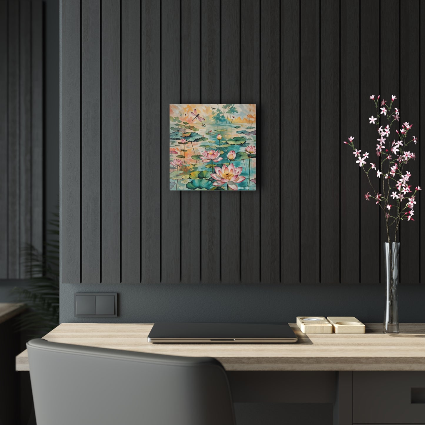 Art Acrylic Prints Dragonfly Pond with lotus flowers watercolor  Art