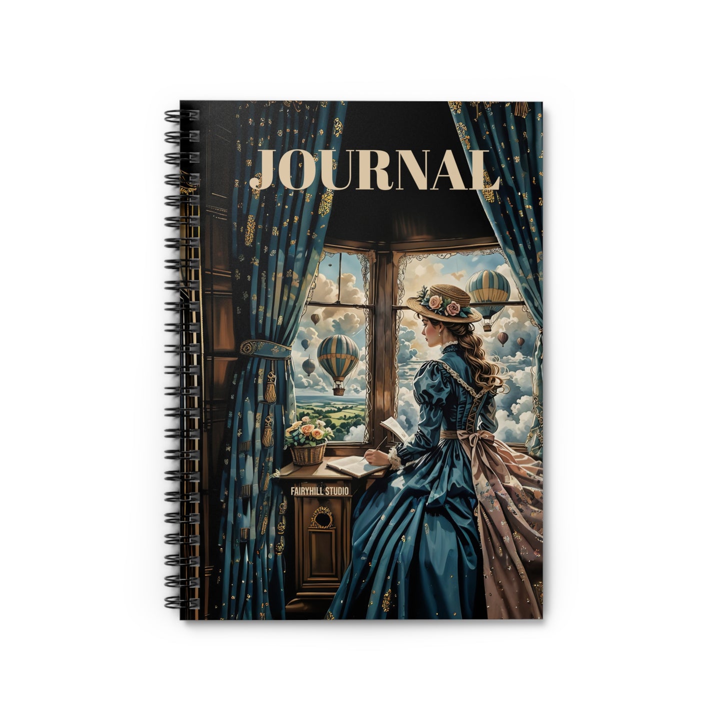 Spiral Notebook - Victorian Girl Watching Hot Air Balloons Whimsical Art
