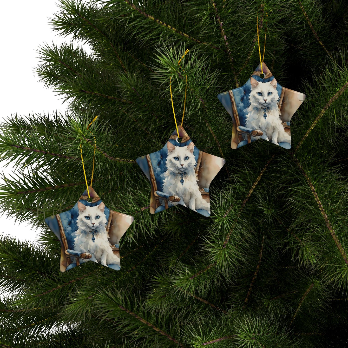 Ceramic Ornaments - White Cat on Blue Chair - 2-Side Print - Holiday Decor