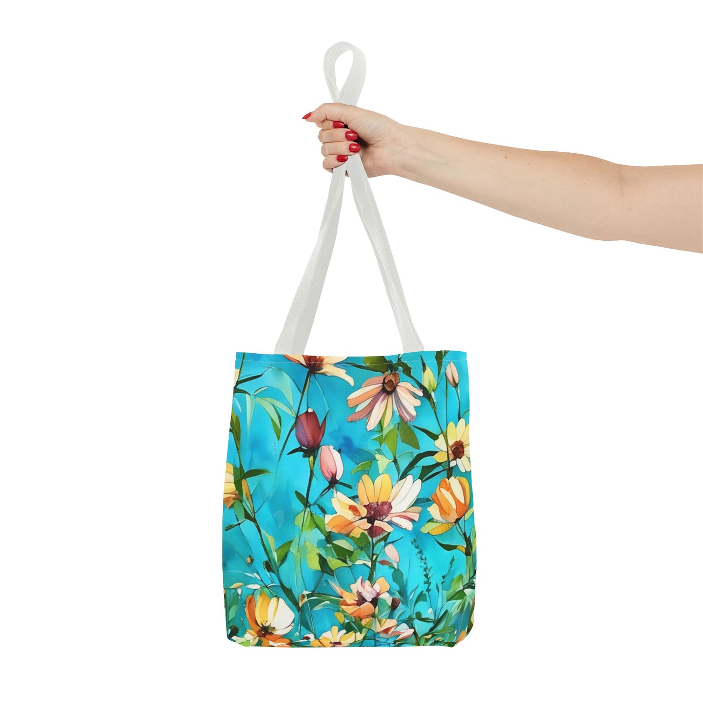 Floral Tote Bag with Wild Peach Color Flowers on Aqua Background