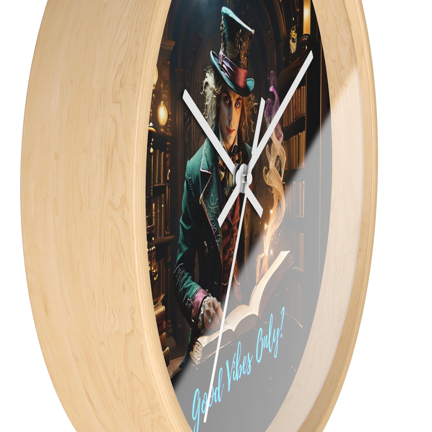 Wall Clock - &quot;Good Vibes Only&quot; Mad Hatter with Books Fairyhill Studio Art