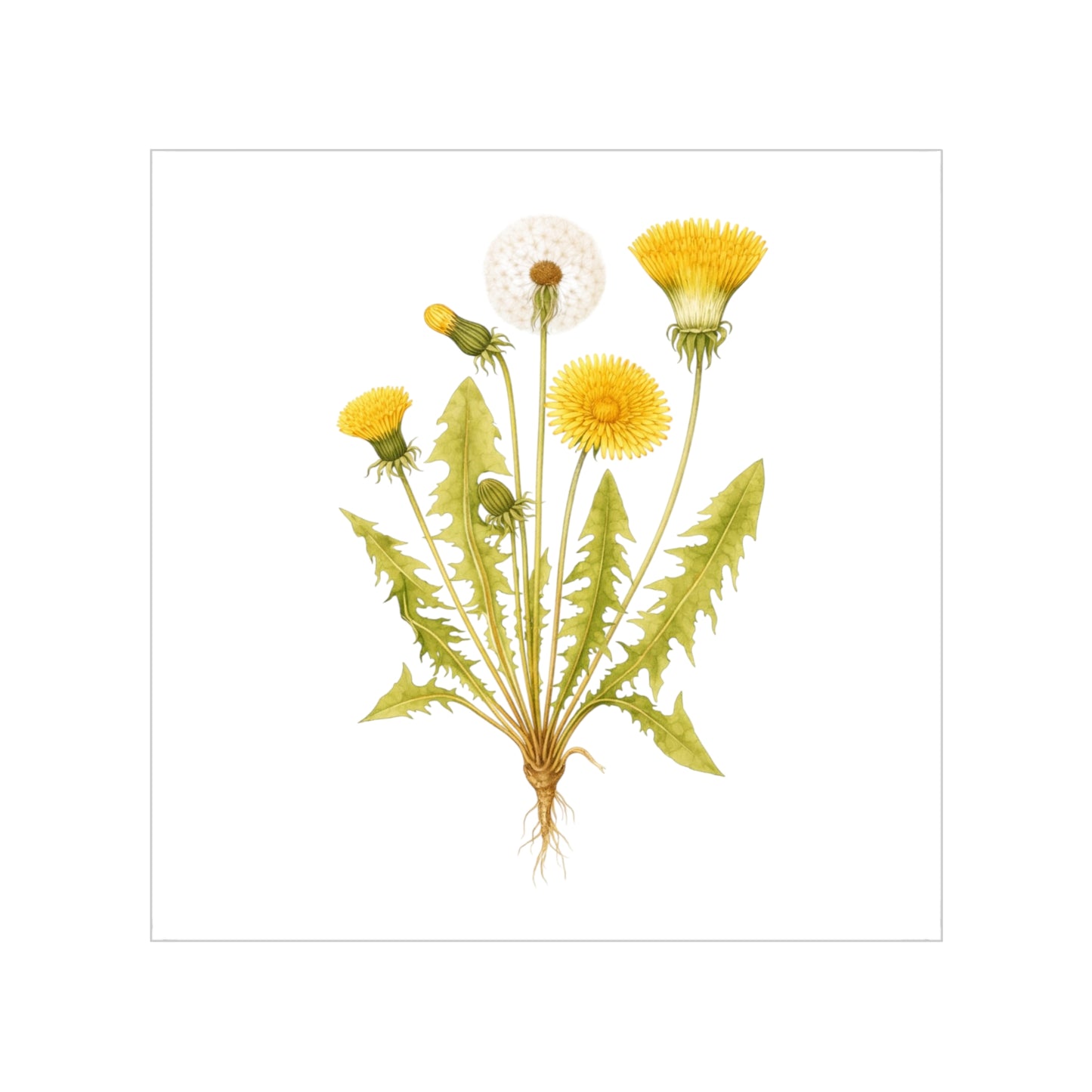 botanical watercolor illustration of Taraxacum officinale (dandelion), Transparent Outdoor Sticker — Square Weatherproof Decal