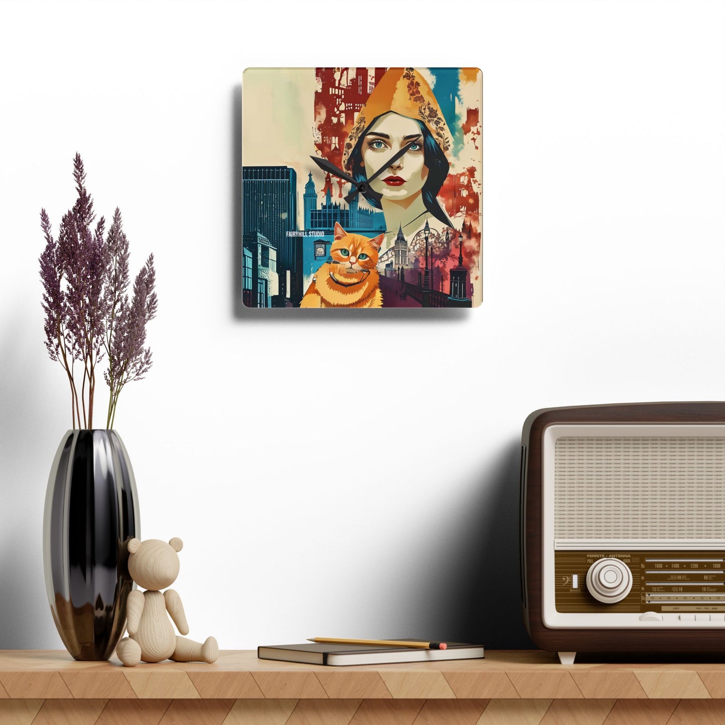 Acrylic Wall Clock - Yellow cat in London /Art