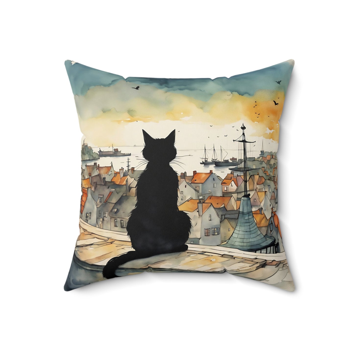 Black cat on a balcony  Square Pillow - by Fairyhill Studio