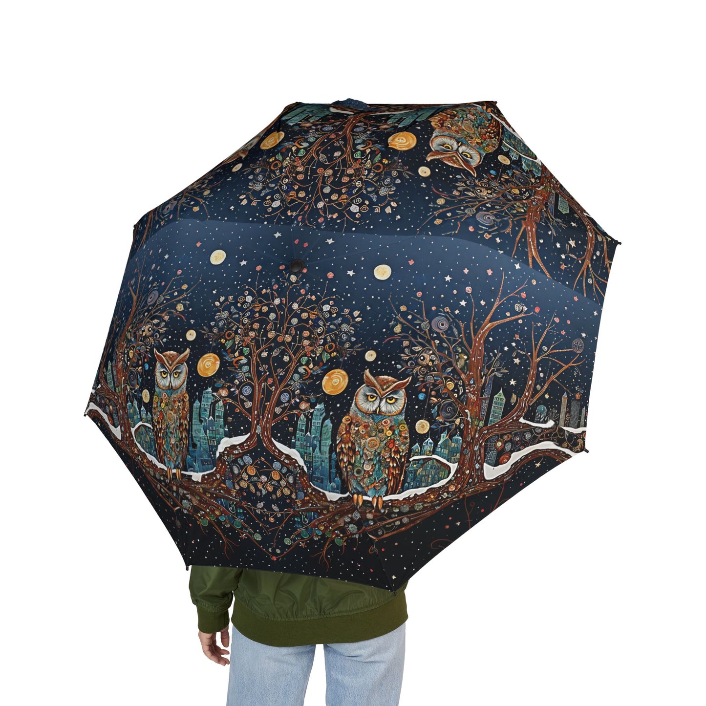 Night Owl Design Semi-Automatic Foldable Umbrella, Unique Rain Gear, Gift for Nature Lovers, Stylish Outdoor Accessory, Floral Print
