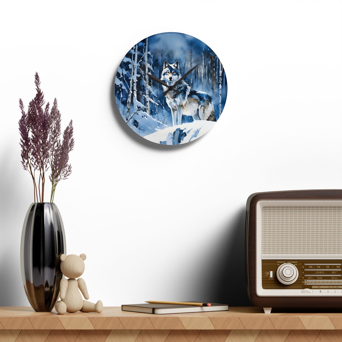 Acrylic Wall Clock - Winter Wolf at Night Blue/Black Art by Fairyhill Studio