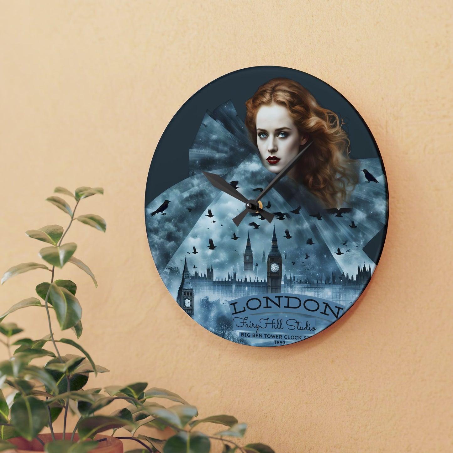 Acrylic Wall Clock -A girl in a  London city skyline at night