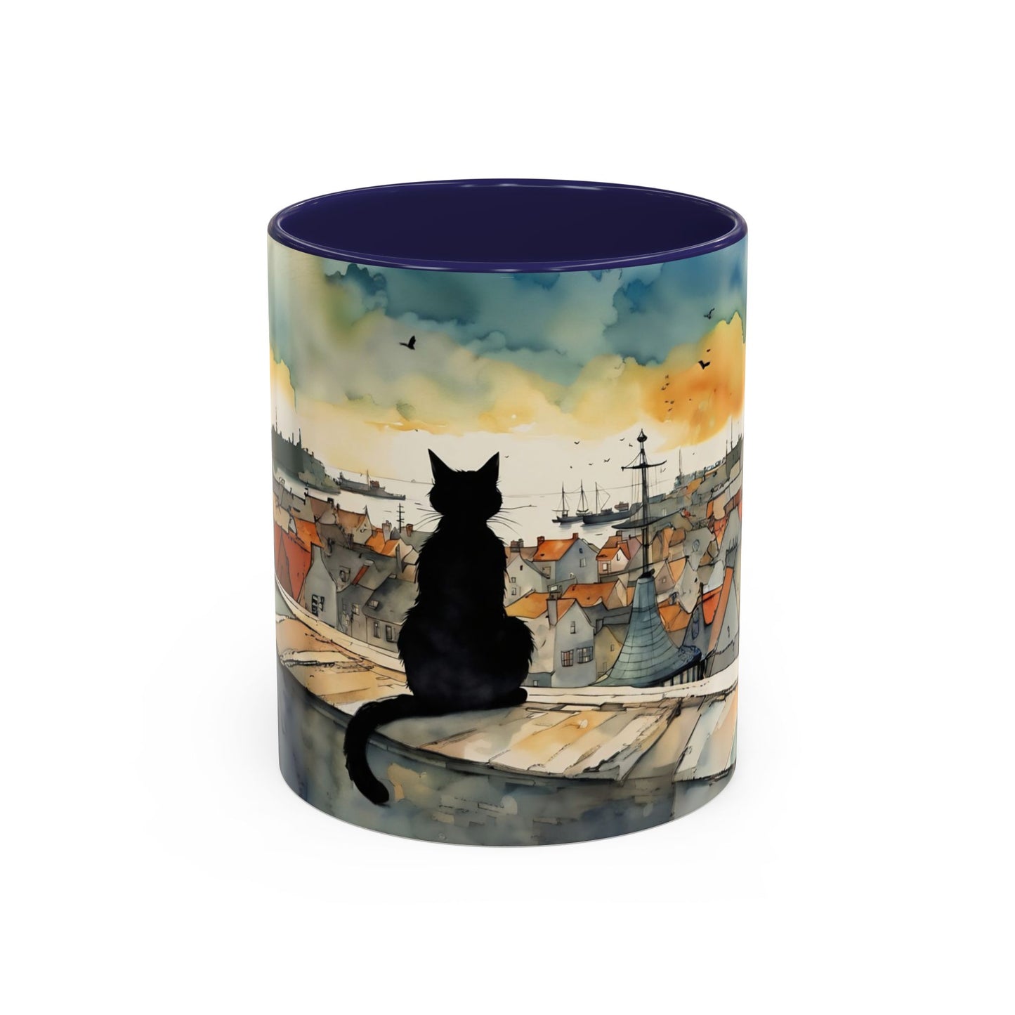 Black cat on a roof top Art-Themed Coffee Mug - 11 & 15oz Accent Mug for Musroom  Fsiry Lovers