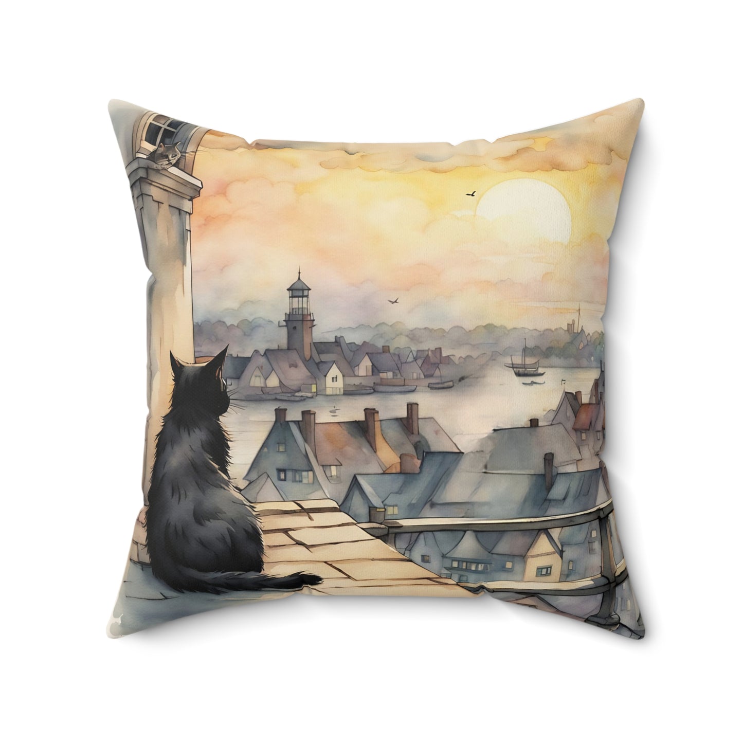 Black cat on a rooftop Square Pillow - by Fairyhill Studio