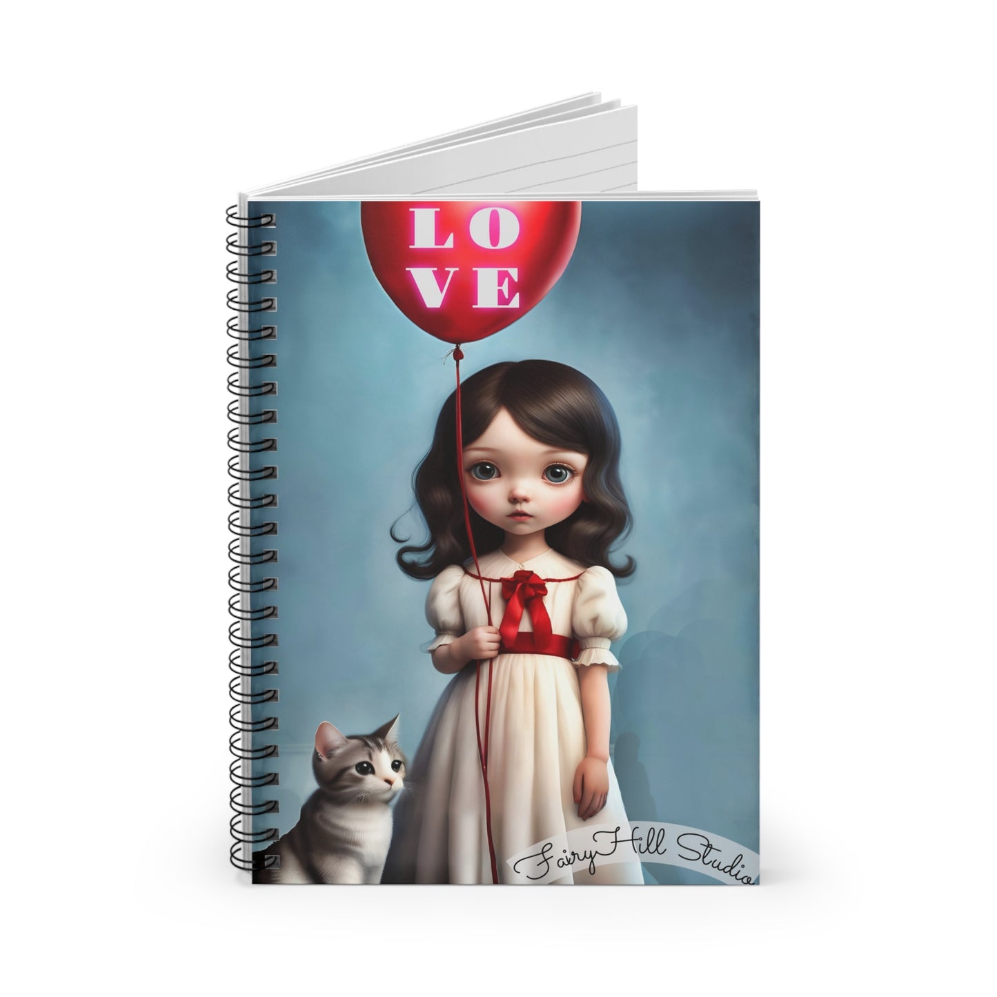 Ruled Line Notebook - Girl with Red Balloon and cat Art by Fairyhill Studio
