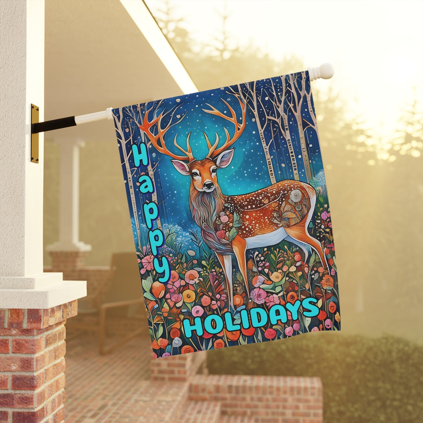 Garden Banner Deer Flag with vibrant colors and Happy Holidays Winter Yard Decor