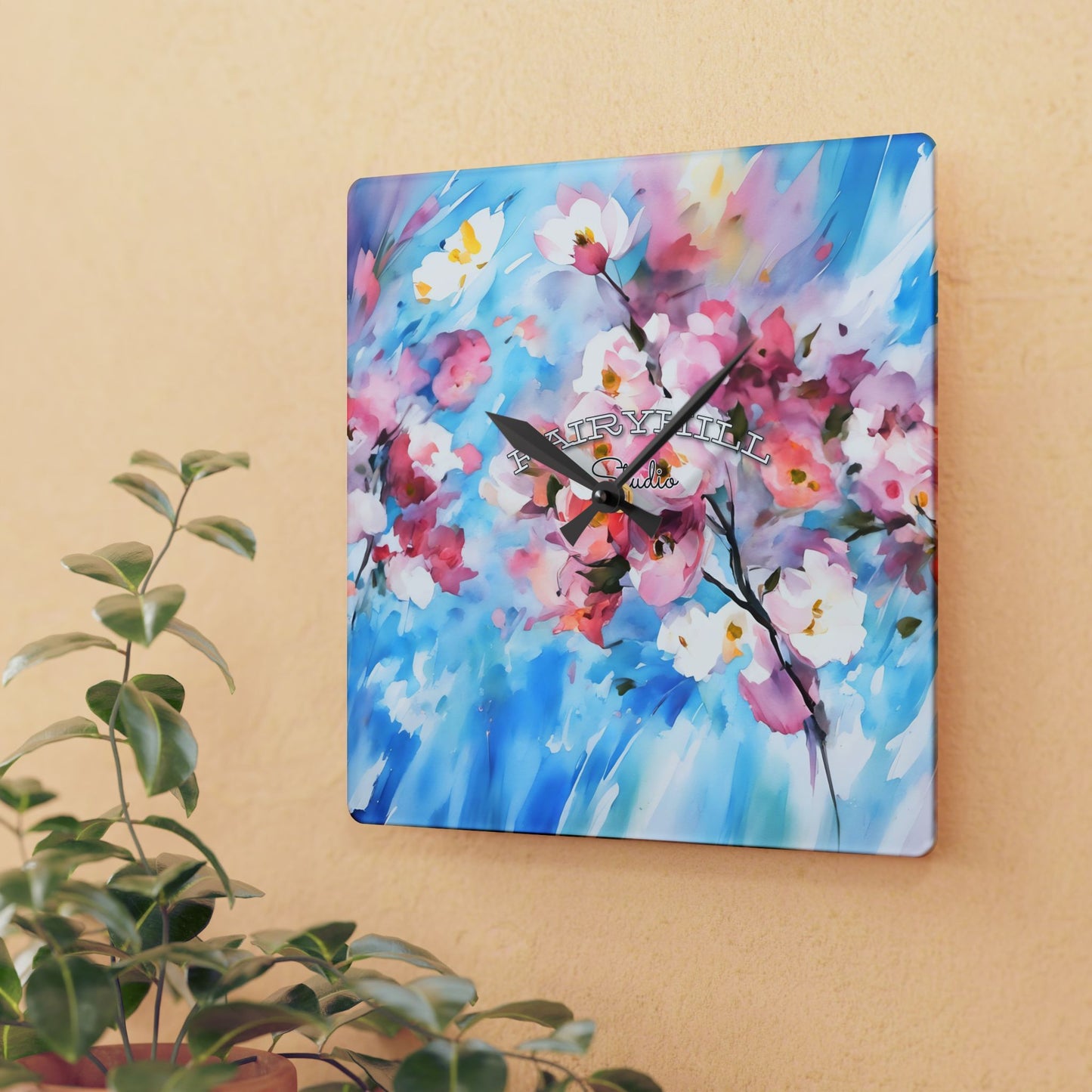 Wall Clock - Cherry Flowers Pink and White on Sky Blue Background by Fairyhill Studio