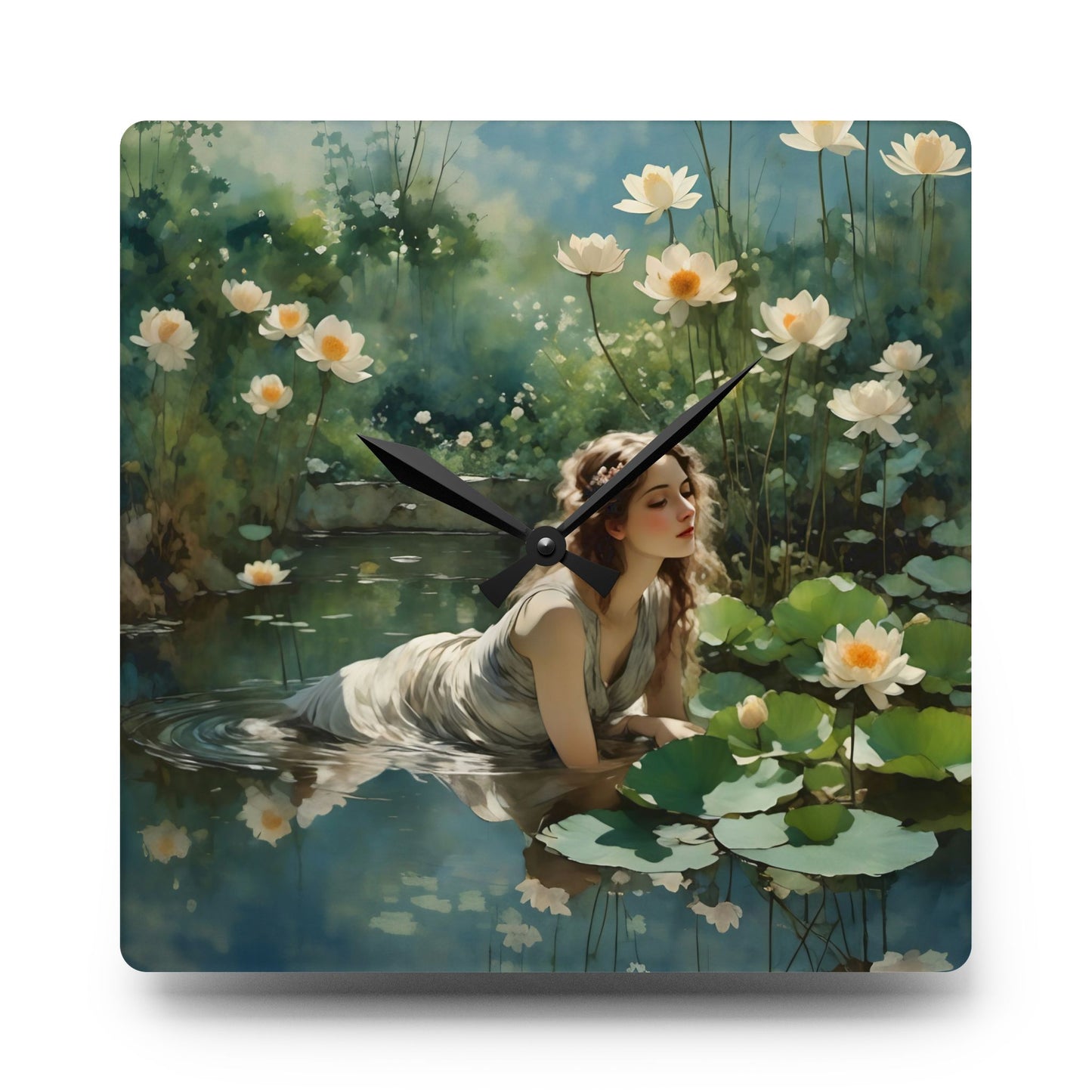 Acrylic Wall Clock white lotus flowers in the pond