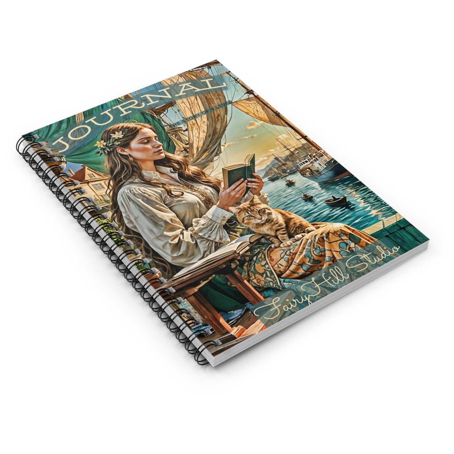 Spiral Notebook - Woman and Cat Reading by Ship Harbor