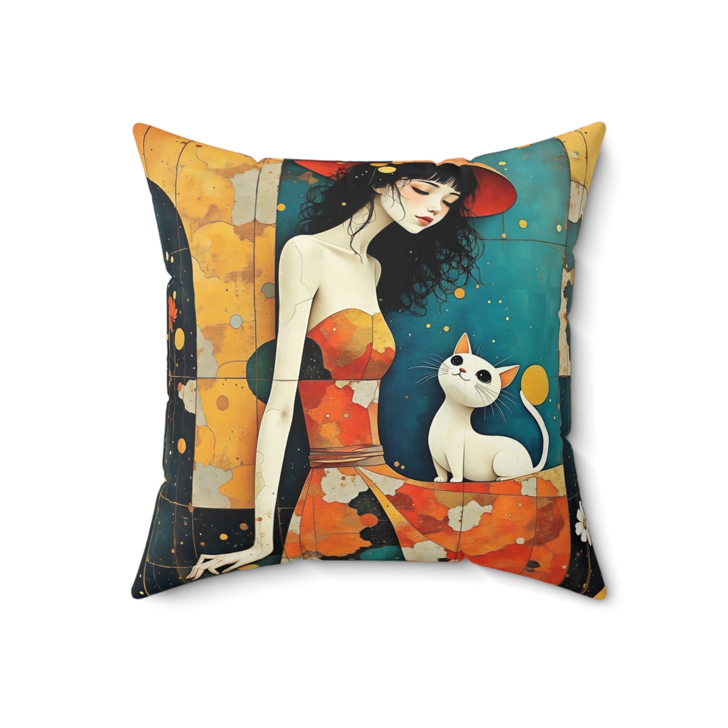 Witch with white  cat  Square Pillow - by Fairyhill Studio