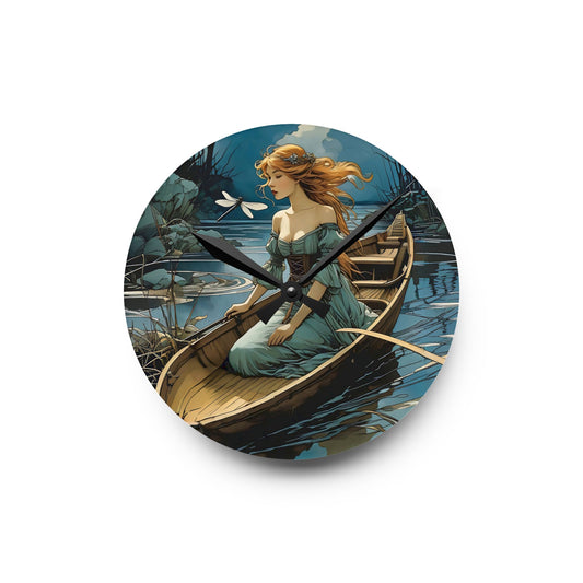Acrylic Wall Clock Woman in a boat with a Dragonfly