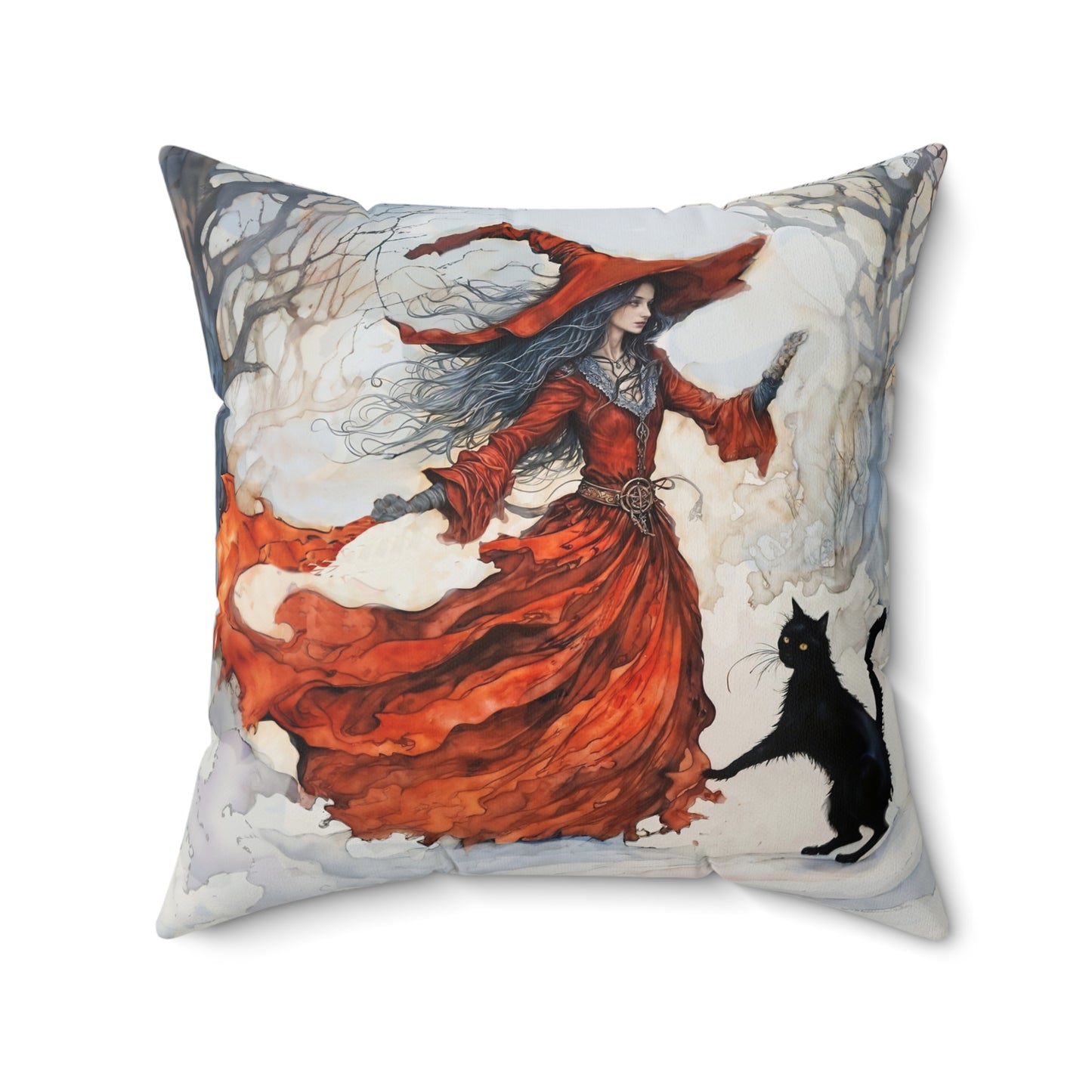 Crimson snow witch with black cat pillow  Square Pillow - by Fairyhill Studio
