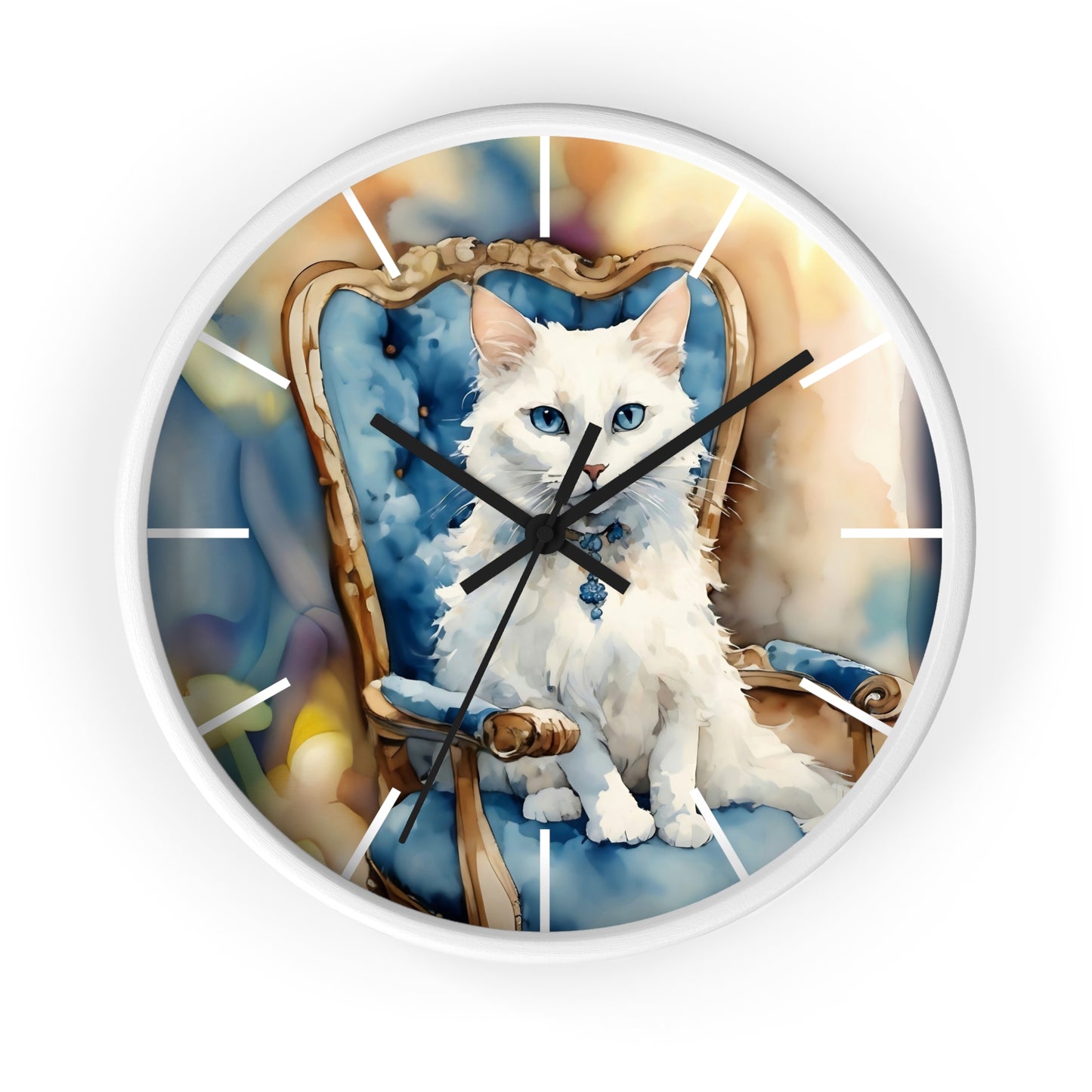 Wall Clock - White Cat with Blue Eyes Art by Fairy Hill Studio