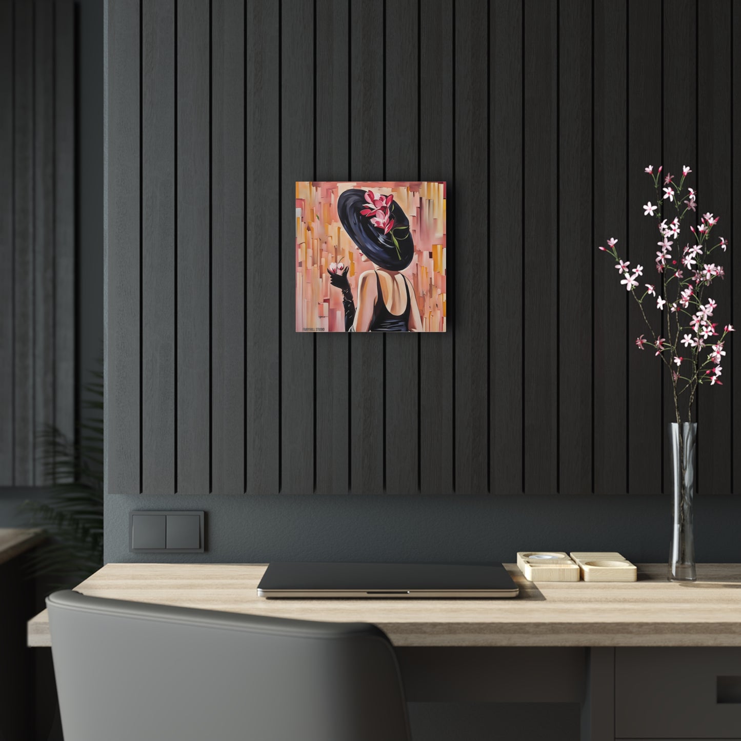 Art Acrylic Prints FairyHill Elegant Woman Black Hat Pink Margarita Drink Wall Decor