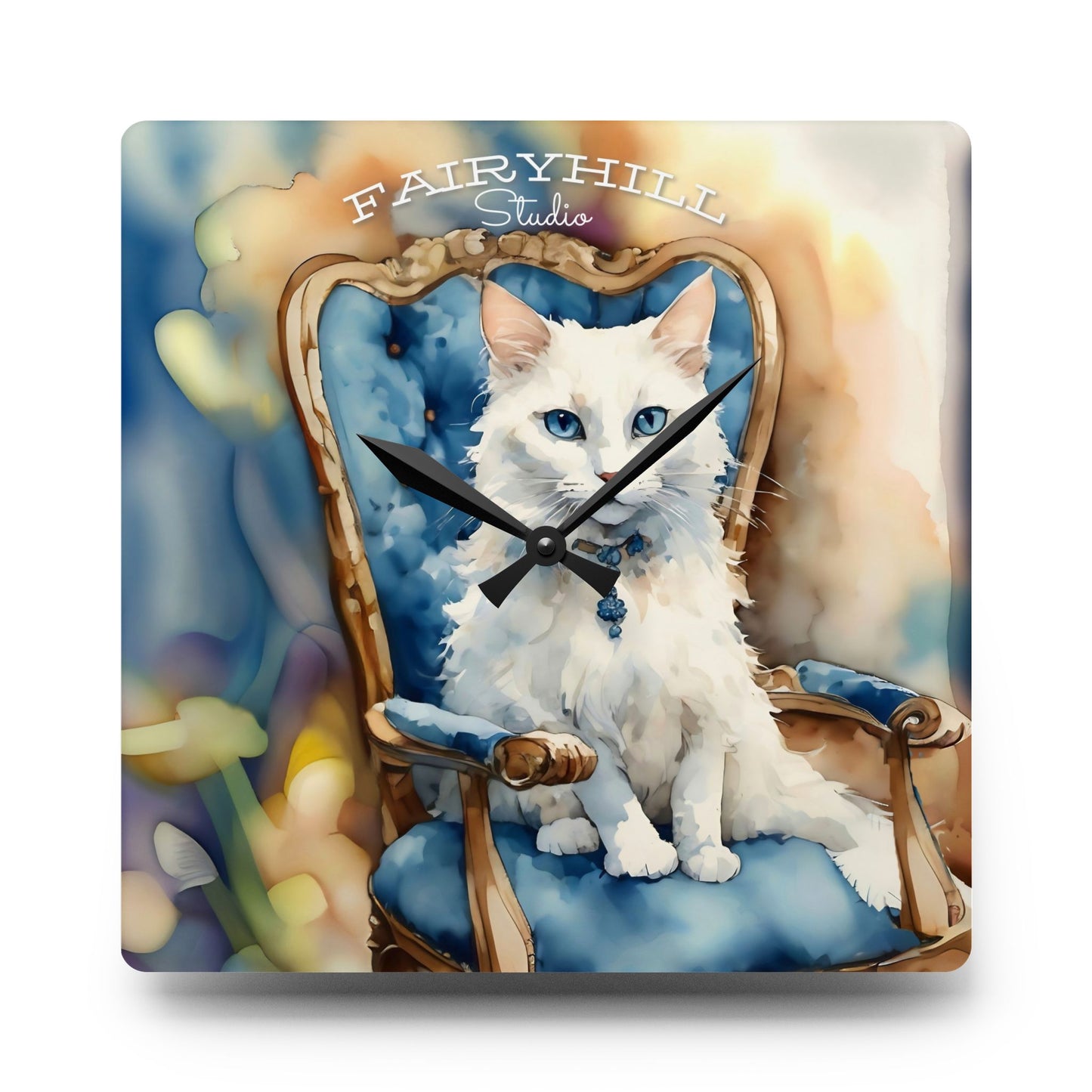 Acrylic Wall Clock - Adorable White Cat with Blue Eyes - Cat Lovers Art by FairyHill Studio