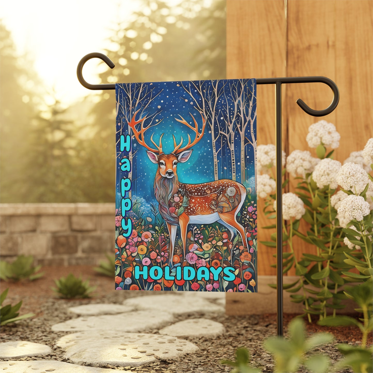 Garden Banner Deer Flag with vibrant colors and Happy Holidays Winter Yard Decor
