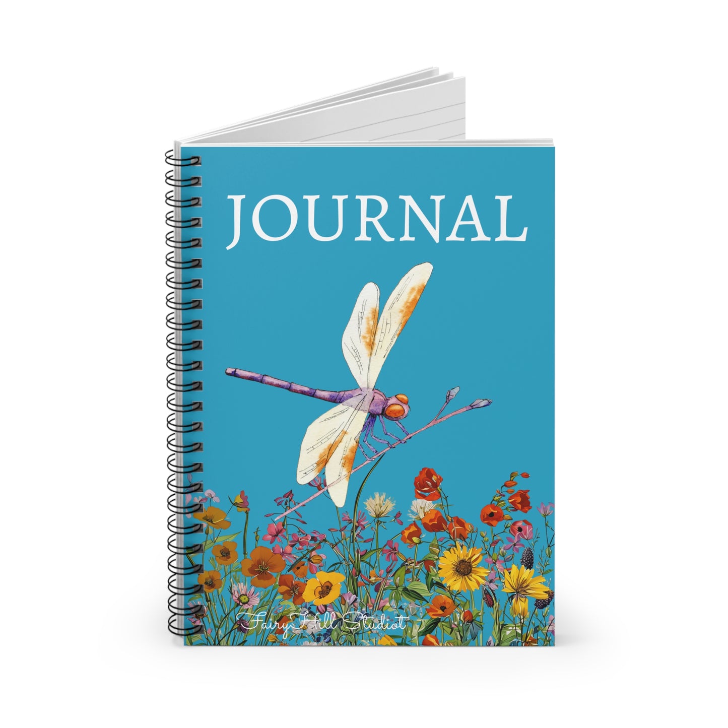 Journal Spiral Notebook - Dragonfly on Wild Flowers Aqua Background Art by Fairy Hill Studio
