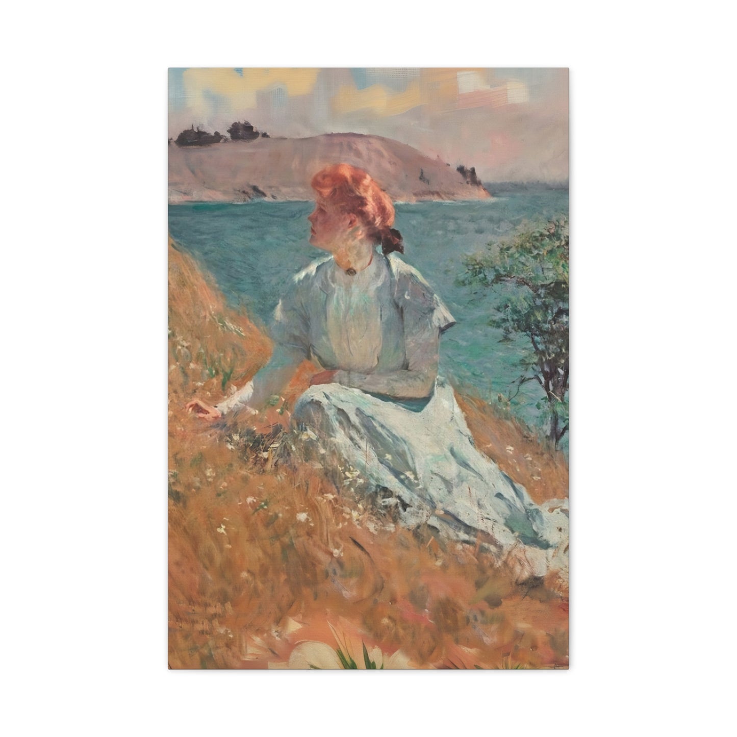 Canvas Art - Monet Style Floral Serenity with Elegant Woman and Flower Basket, Stretched Matte 1 25"