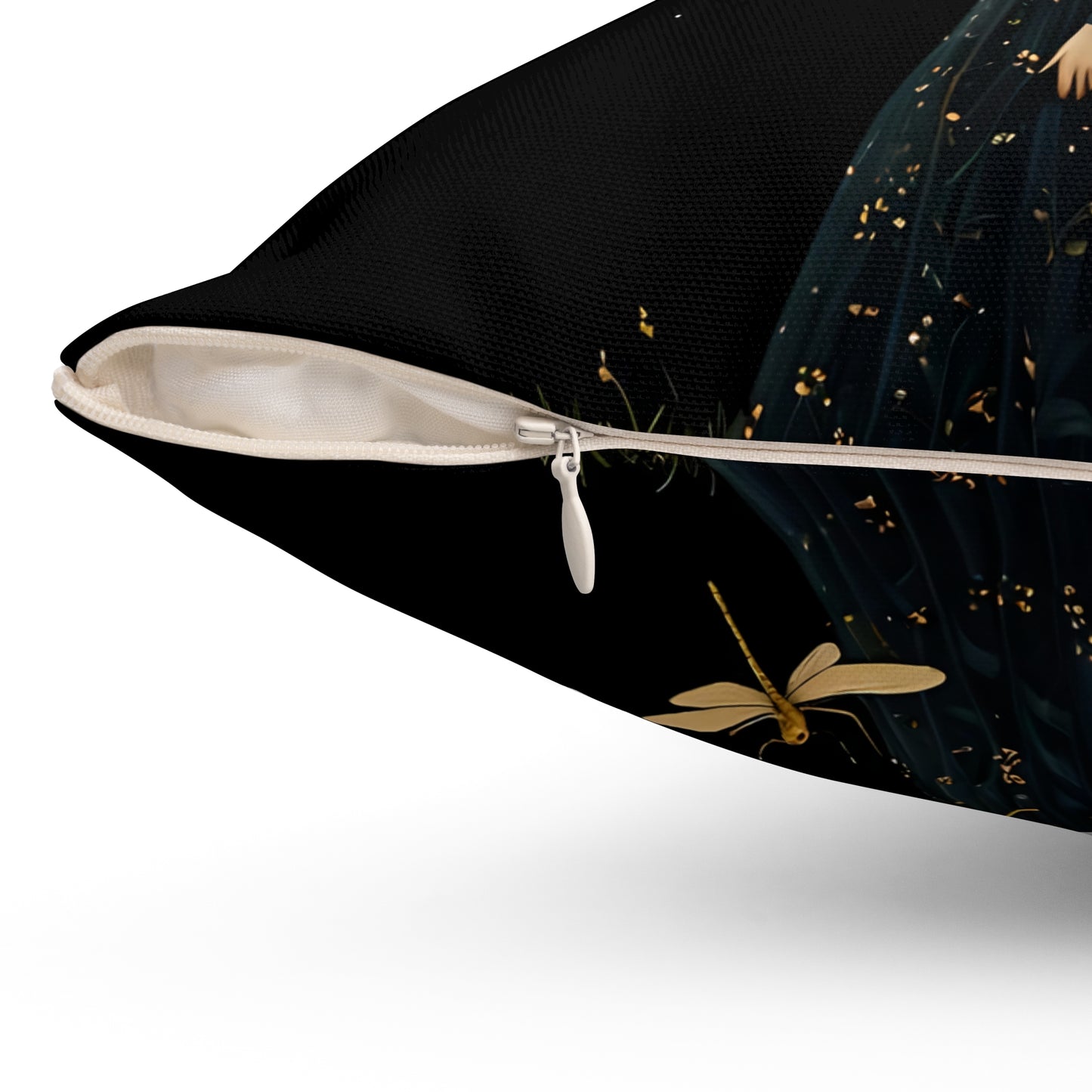 Square Pillow - Midnight Girl with Golden Dragonflies at Night Art by Fairyhill Studio