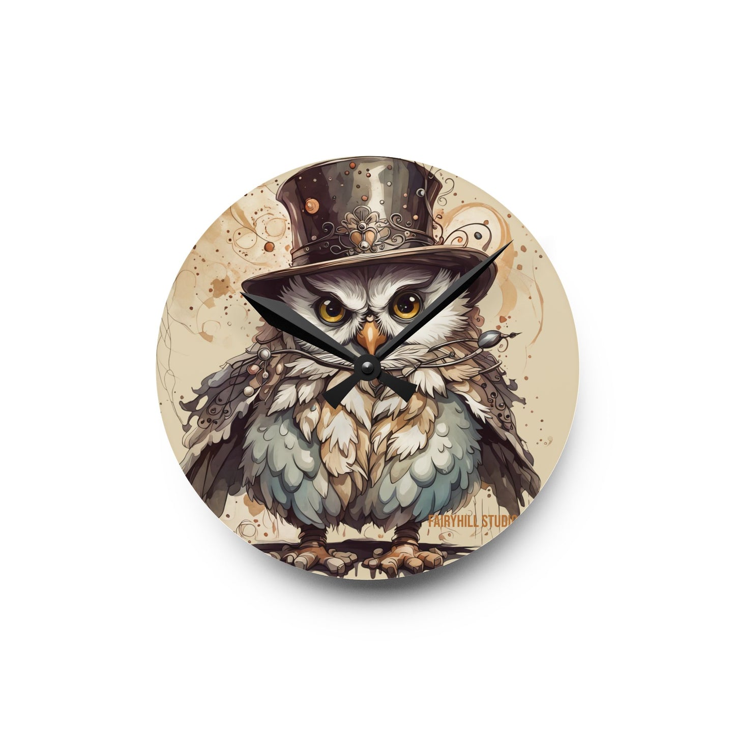 Acrylic Wall Clock - Cute Night Owl Steampunk Art