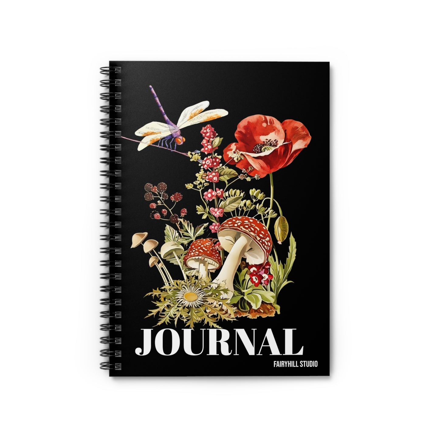 Spiral Notebook -Poppies mushrooms ,wild flowers and a Dragonfly