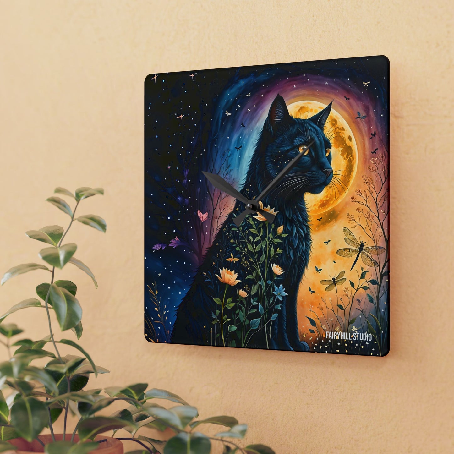 Acrylic Wall Clock - Black Cat Night Flowers Dragonflies Beautiful Art