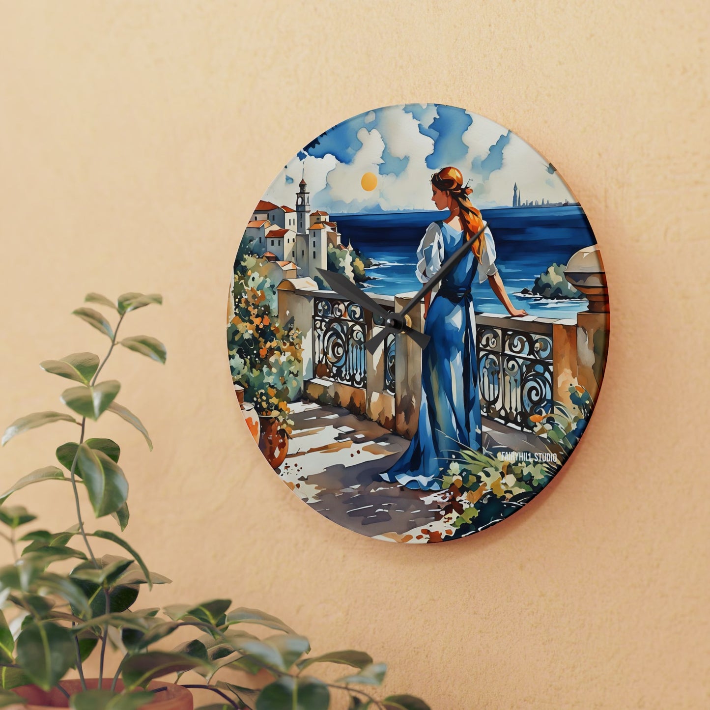 Acrylic Wall Clock - Mediterranean Balcony Sea View Watercolor Art