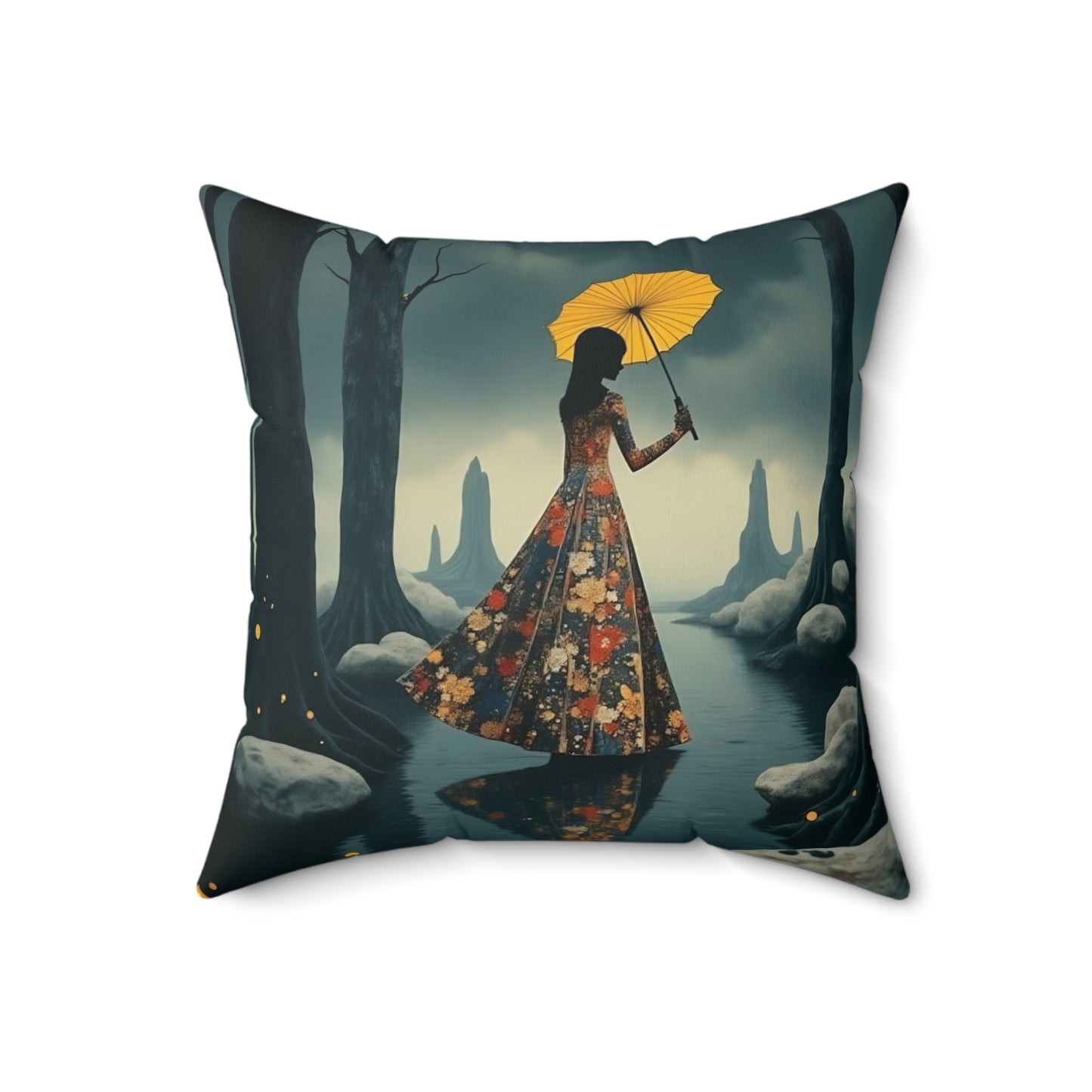 Yellow umbrella  Square Pillow - by Fairyhill Studio