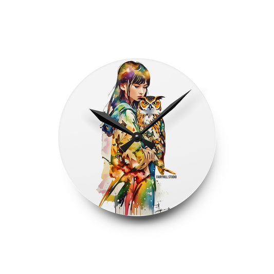 Acrylic Wall Clock -Girl with Owl Art