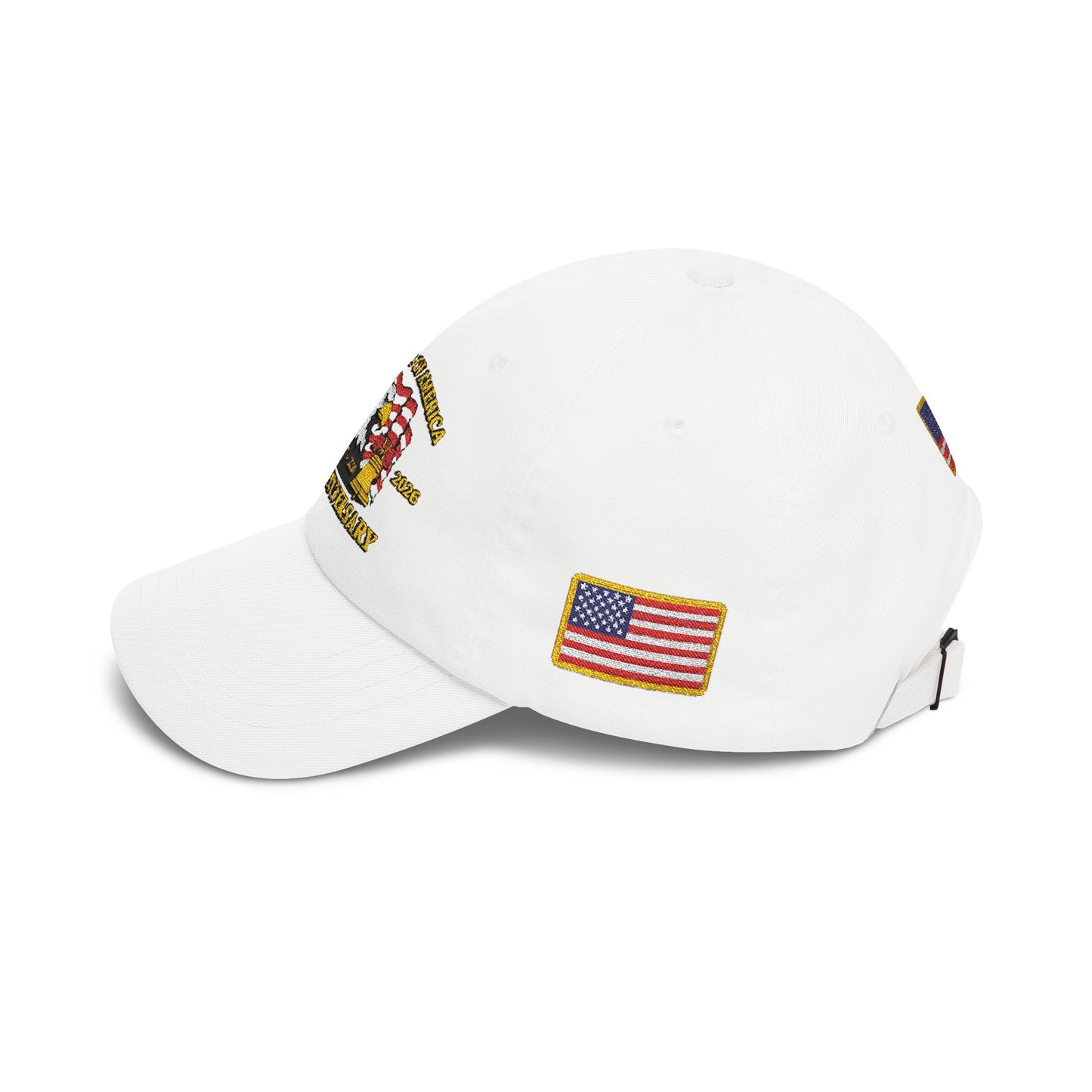 250th Anniversary USA Flag Patch Hat – Embroidered Gold Border Edition (1776–2026) – Classic White Baseball Hat