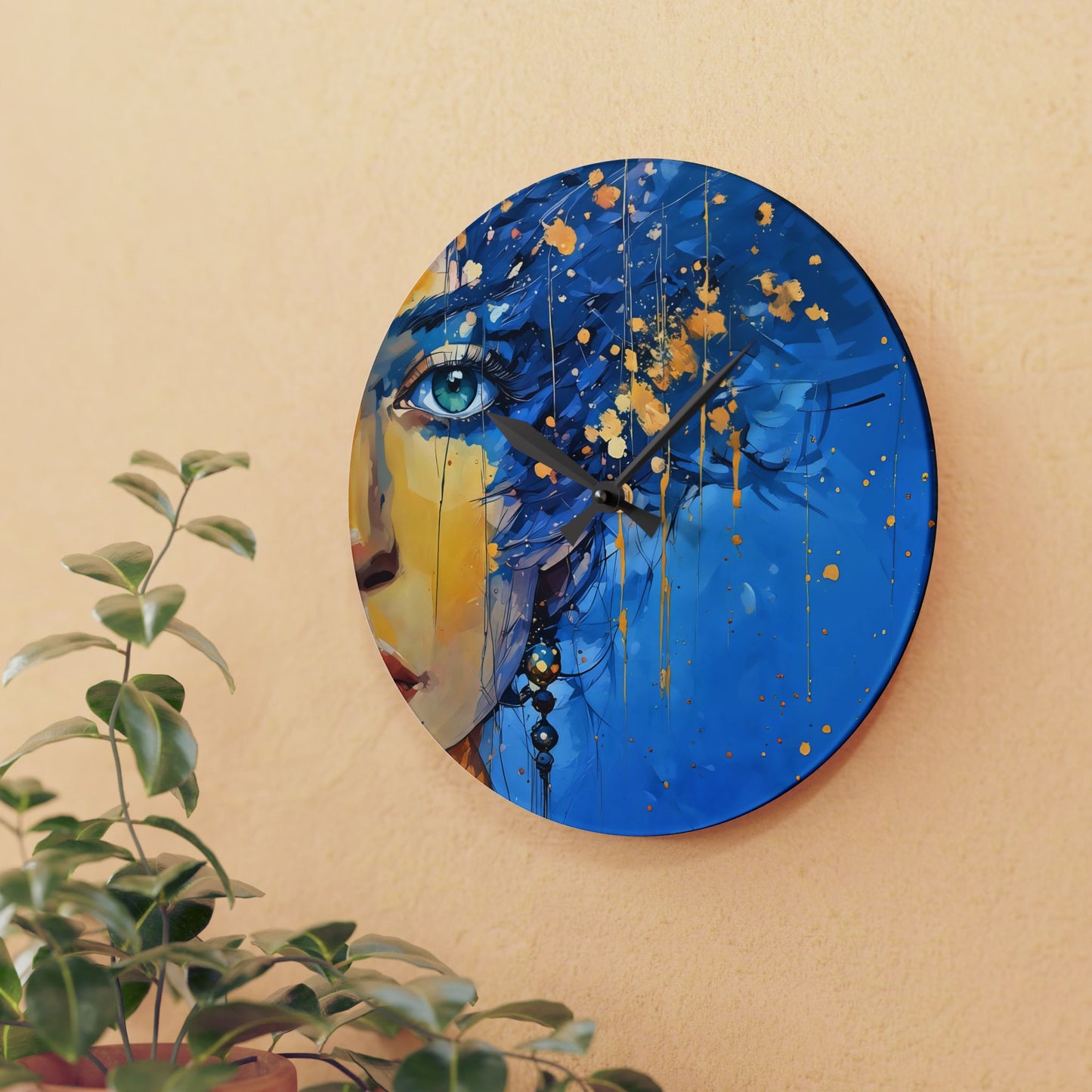 Acrylic Wall Clock Blue and Gold Abstract Woman Art