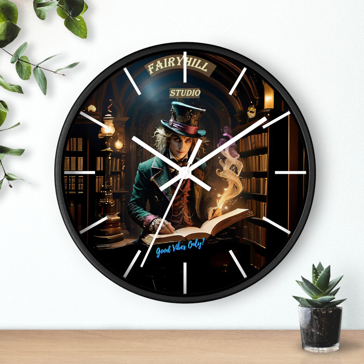 Wall Clock - &quot;Good Vibes Only&quot; Mad Hatter with Books
