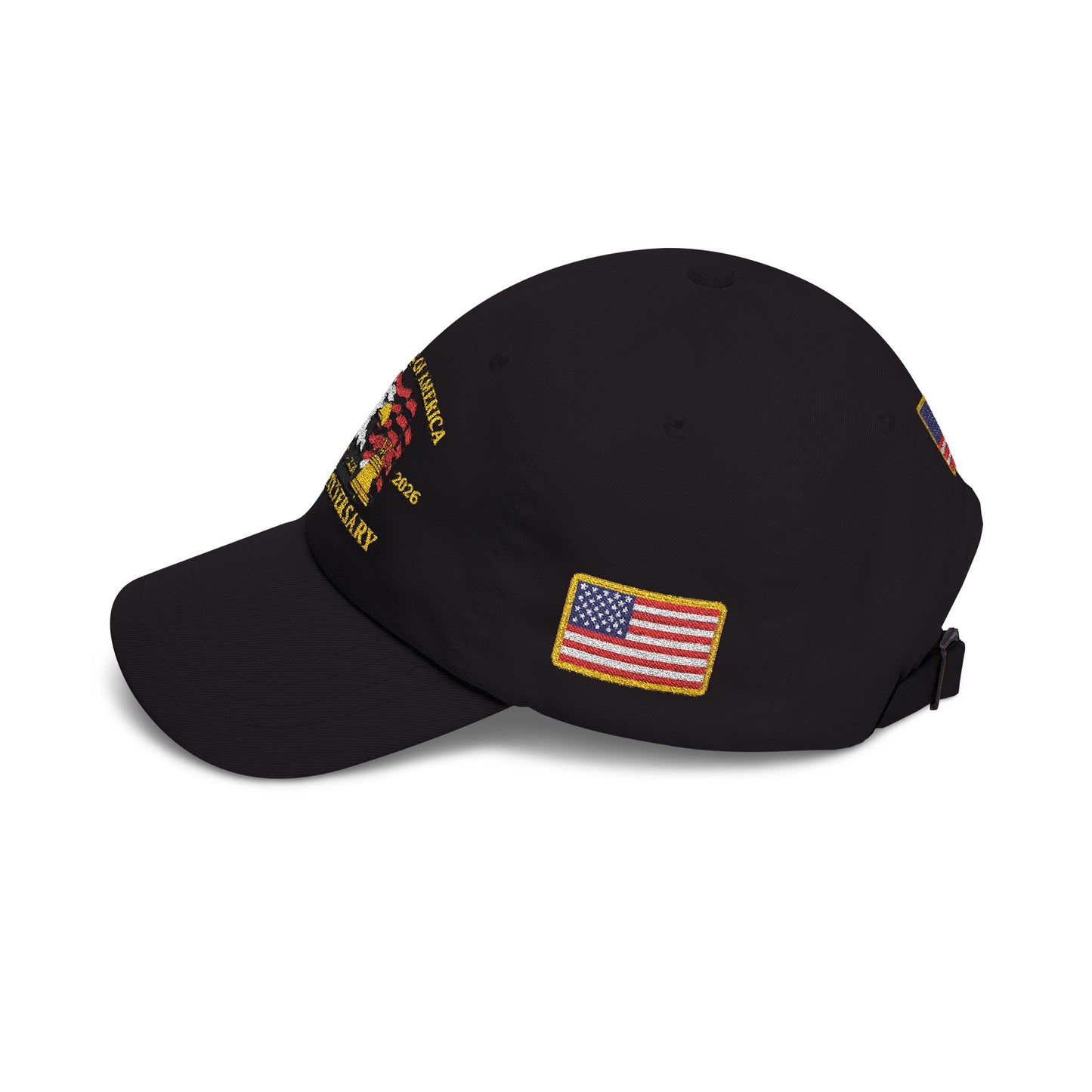 250th Anniversary USA Flag Patch Hat – Embroidered Gold Border Edition (1776–2026) – Classic White Baseball Hat