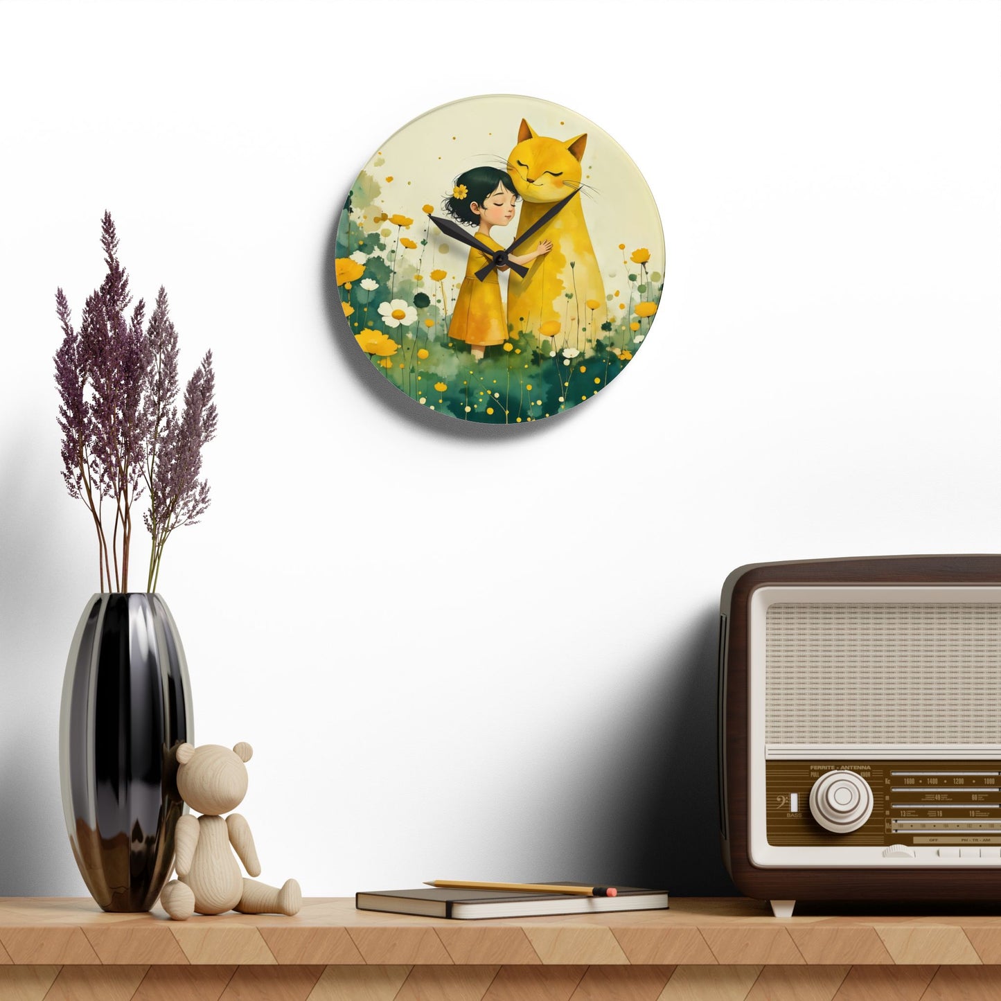 Girl with yellow cat Acrylic Wall Clock