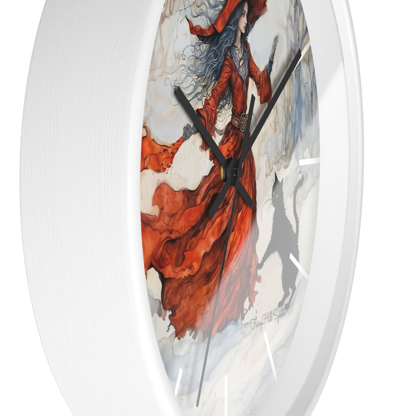 Crimson Witch with black cat Wall Clock, Boho Home Decor, Cat Lover Gift, Cozy Living Room Accessory, Unique Cat Artwork