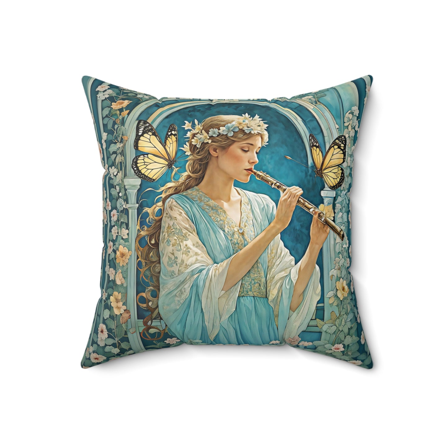 Butterfly / Flute player   Square Pillow -  by Fairyhill Studio