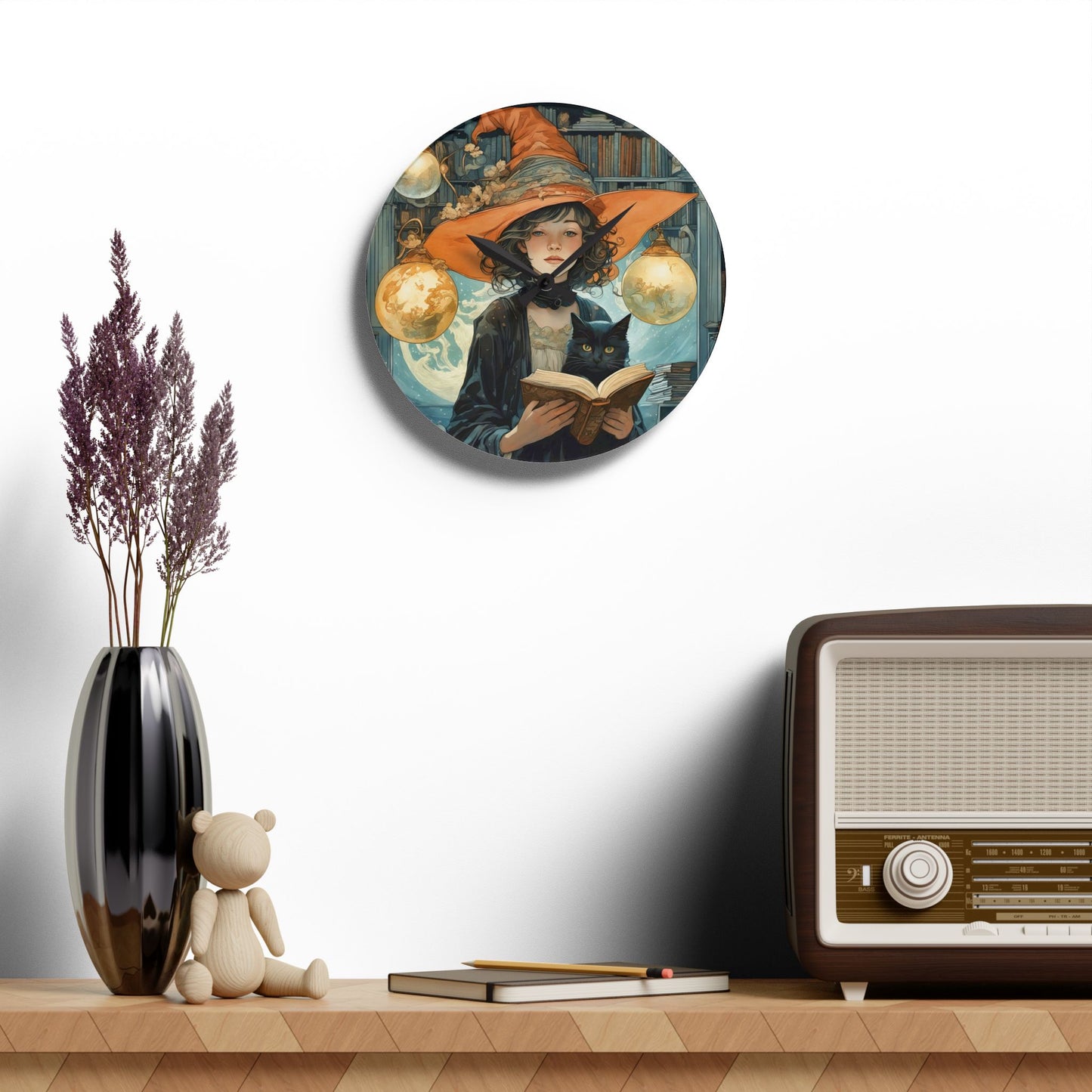 Acrylic Wall Clock - Witch and Black Cat Reading Book Art by Fairyhill Studio