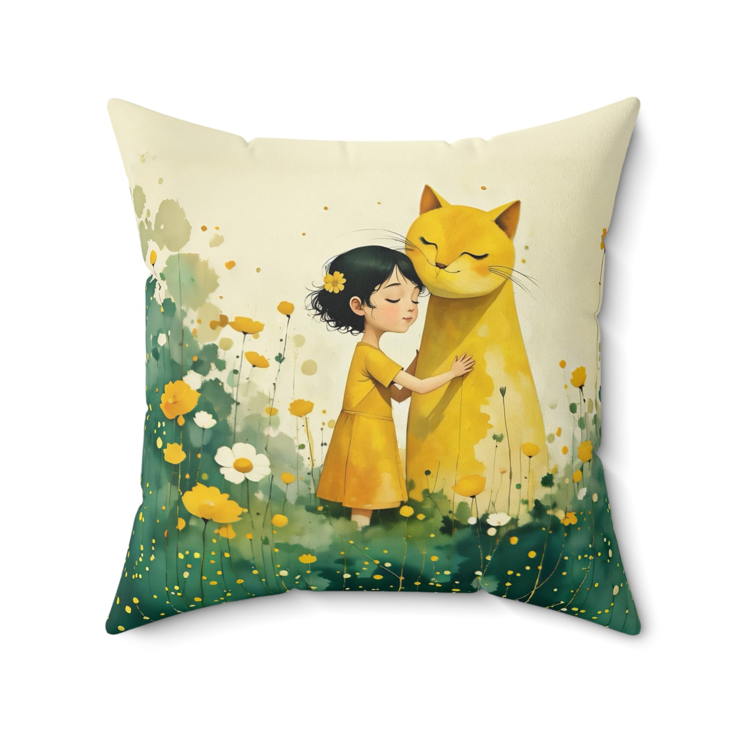 Girl with yellow  cat  Square Pillow - by Fairyhill Studio