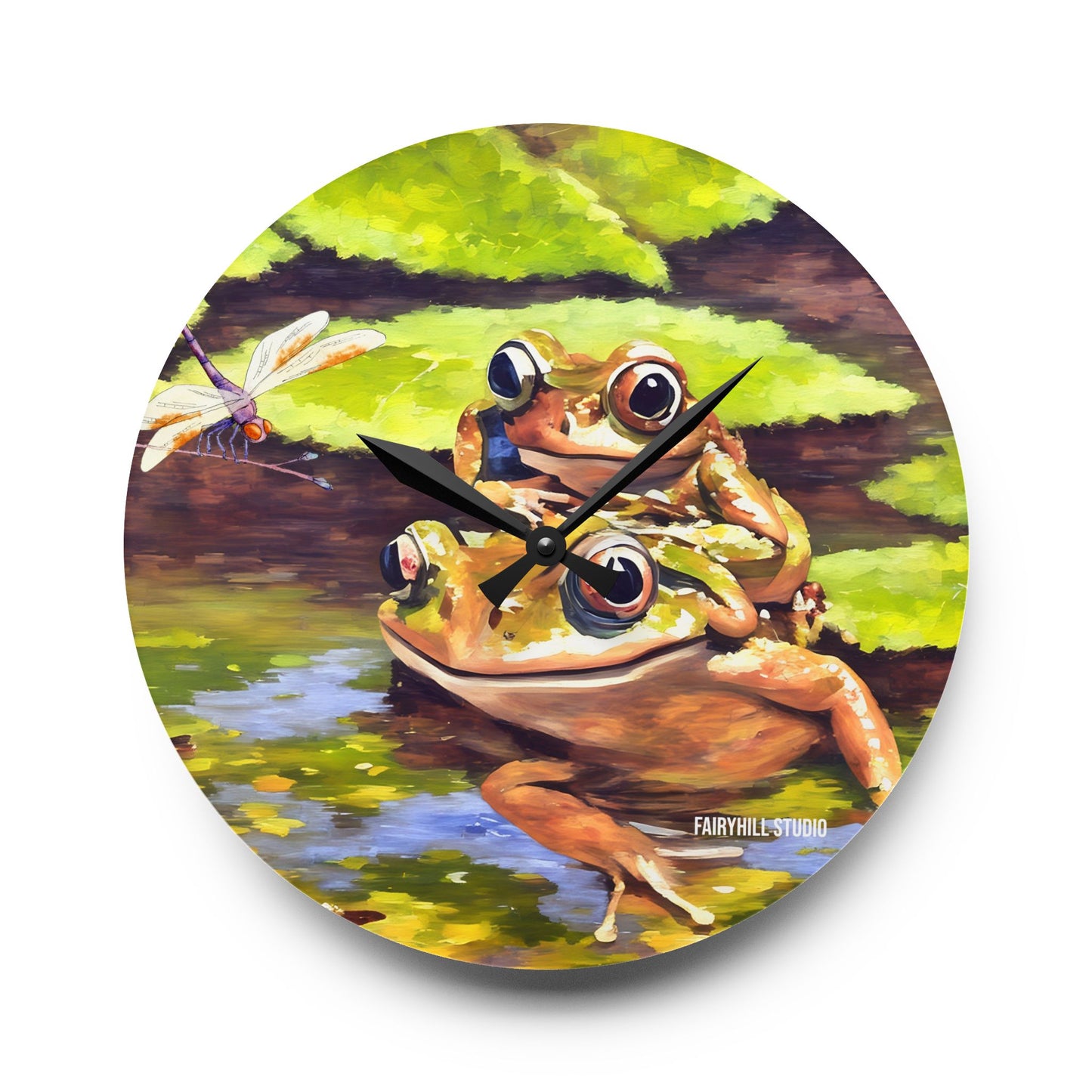Wall Clock - Frogs and a Dragonfly in a Pond Acrylic Wall Clock