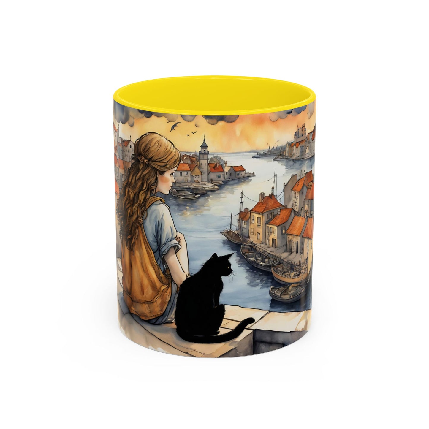 Girl with Black cat on a roof top Art-Themed Coffee Mug - 11 & 15oz Accent Mug for Musroom  Fsiry Lovers