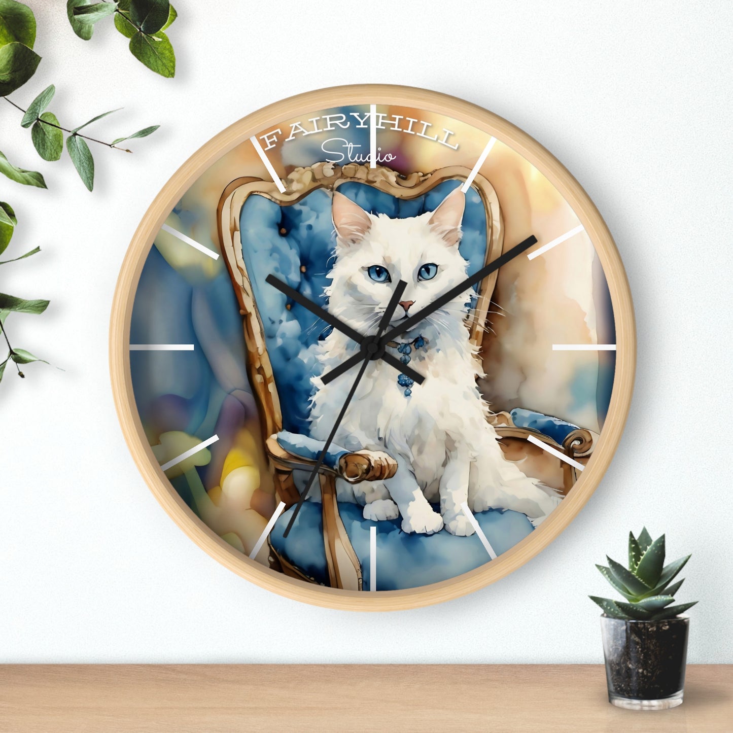 Fairy Hill Studio" White cat "  Wall Clock