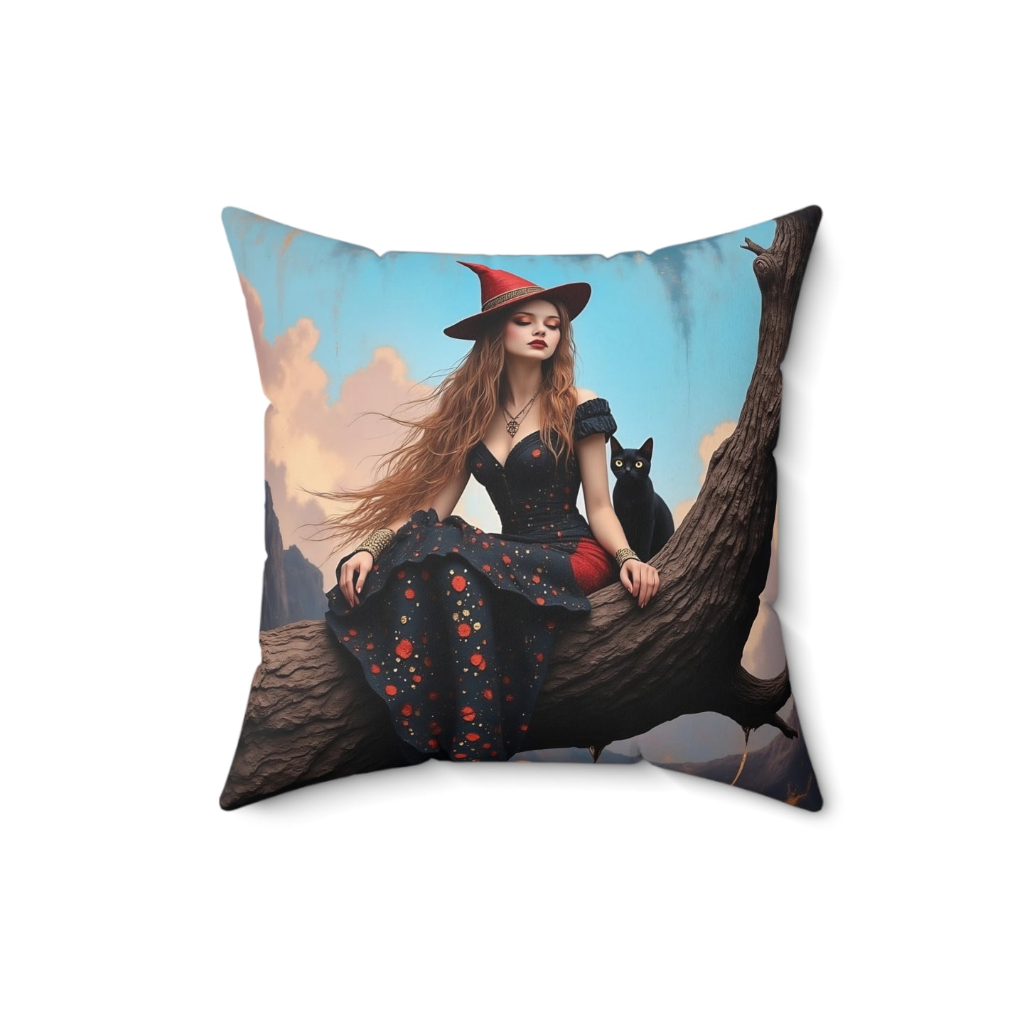 Elegant witch with black cat   Square Pillow - by Fairyhill Studio