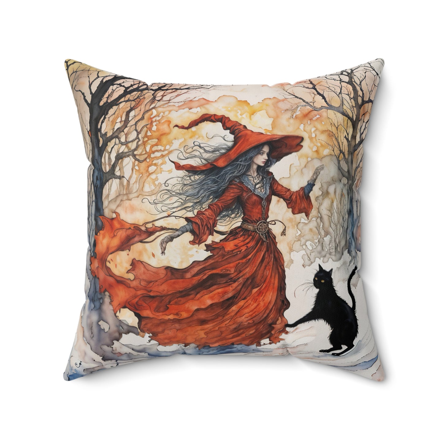 Crimson witch with black cat pillow  Square Pillow - by Fairyhill Studio