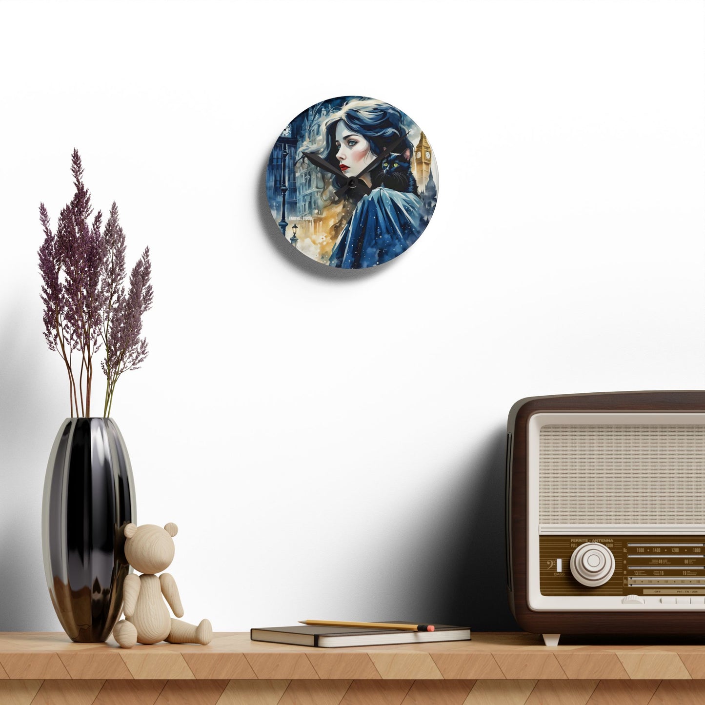 Acrylic Wall Clock - Woman with cat london Art