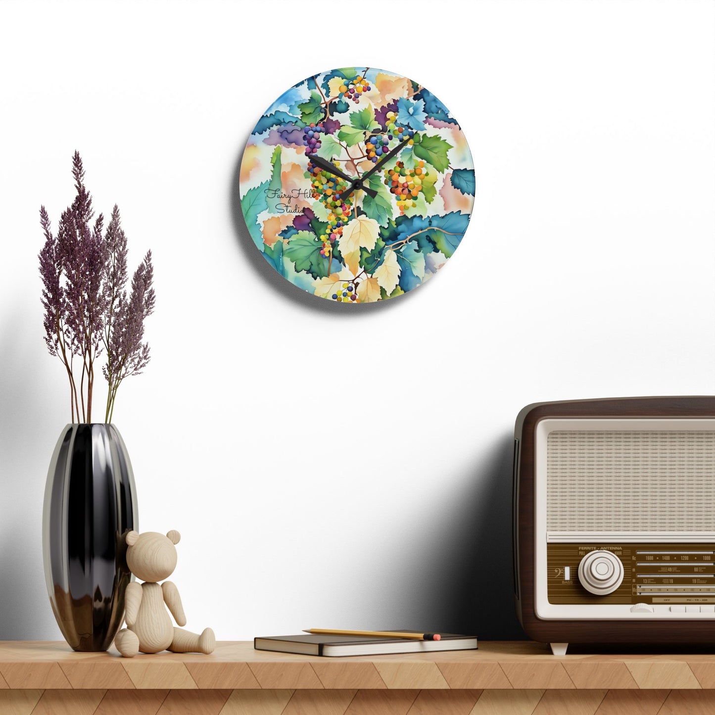 Wall Clock Watercolor Tuscany Grapes Art